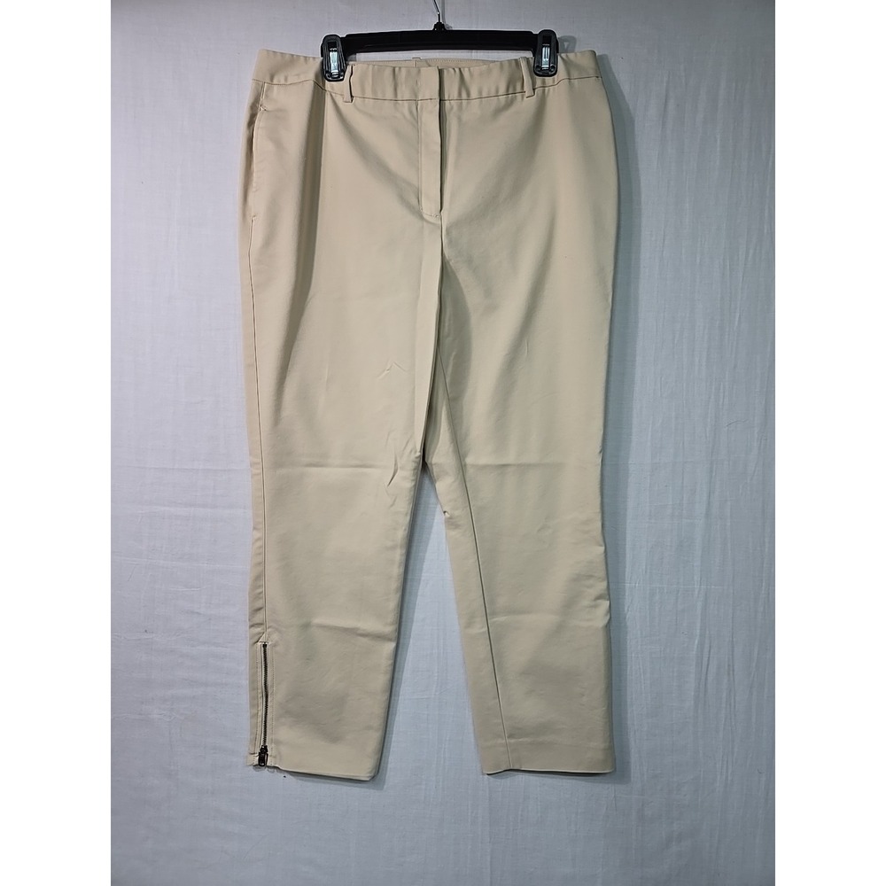 Donna Karan Women's Pants 14 Beige Straight Leg Gold Zipper Ankle Luxury Pockets
